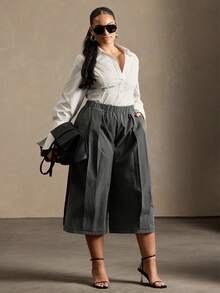 Vixey Elastic Waistband Panel Detail Culotte Office Pants - Dark Grey - View 3