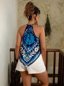 Travachic Blusa casual con cuello halter y estampado floral para tallas grandes - Azul - Ver 2