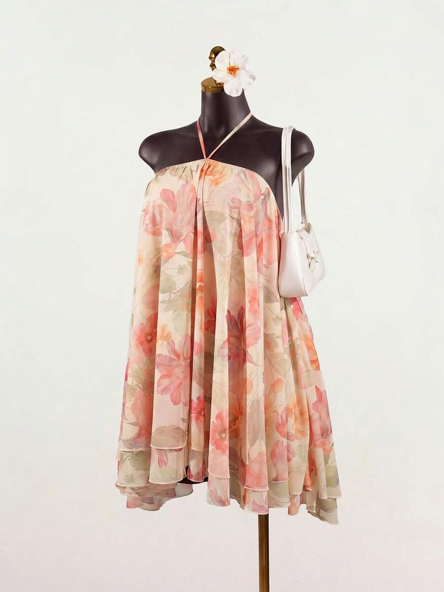 SaltGleam SaltGleam Women's Floral Print Loose Halter Mini Dress, Vacation Style - Multicolor - View 1
