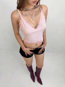 Rina Fox Camiseta ajustada elegante de encaje para mujer - Rosa - Ver 3