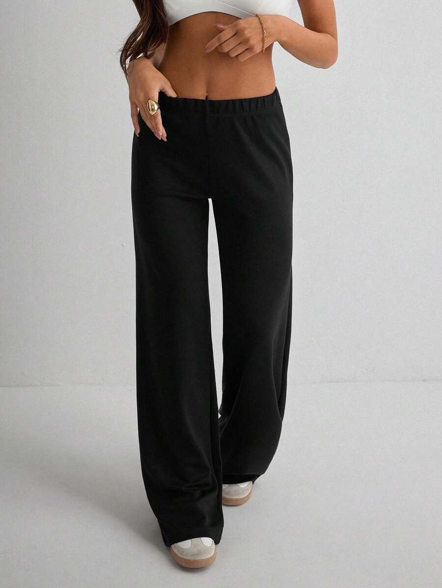Women's Casual Solid Color Wide Leg Pants - Black - View 1