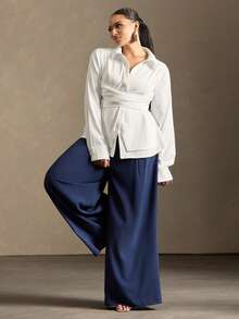 Vixey Pantalones de pierna ancha de unicolor minimalista y elegante para la oficina, estilo casual de negocios para mujer - azul real - Ver 4