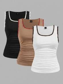 SHEIN LUNE Bộ 3 áo nữ kiểu dáng thường ngày, xếp ly, phối màu, đa năng, thích hợp mặc hàng ngày. - Nhiều màu - Xem 2