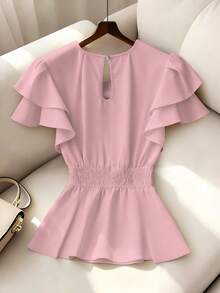 SHEIN Franclia 女士纯色圆领褶皱休闲百搭日常衬衫 - 粉色 - 查看 1