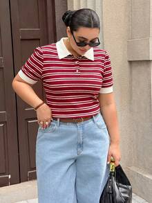 Dripcurv Burgundy And Striped Polo Shirt For Women Stylish Collared Short Sleeve Top - Burgundy - View 5