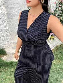 Modelyn Plus Size Women Navy Blue Asymmetric Hem Sleeveless Shirt And Wide Leg Pants Casual Elegant 2 Pieces Set Office Summer - Navy Blue - View 1