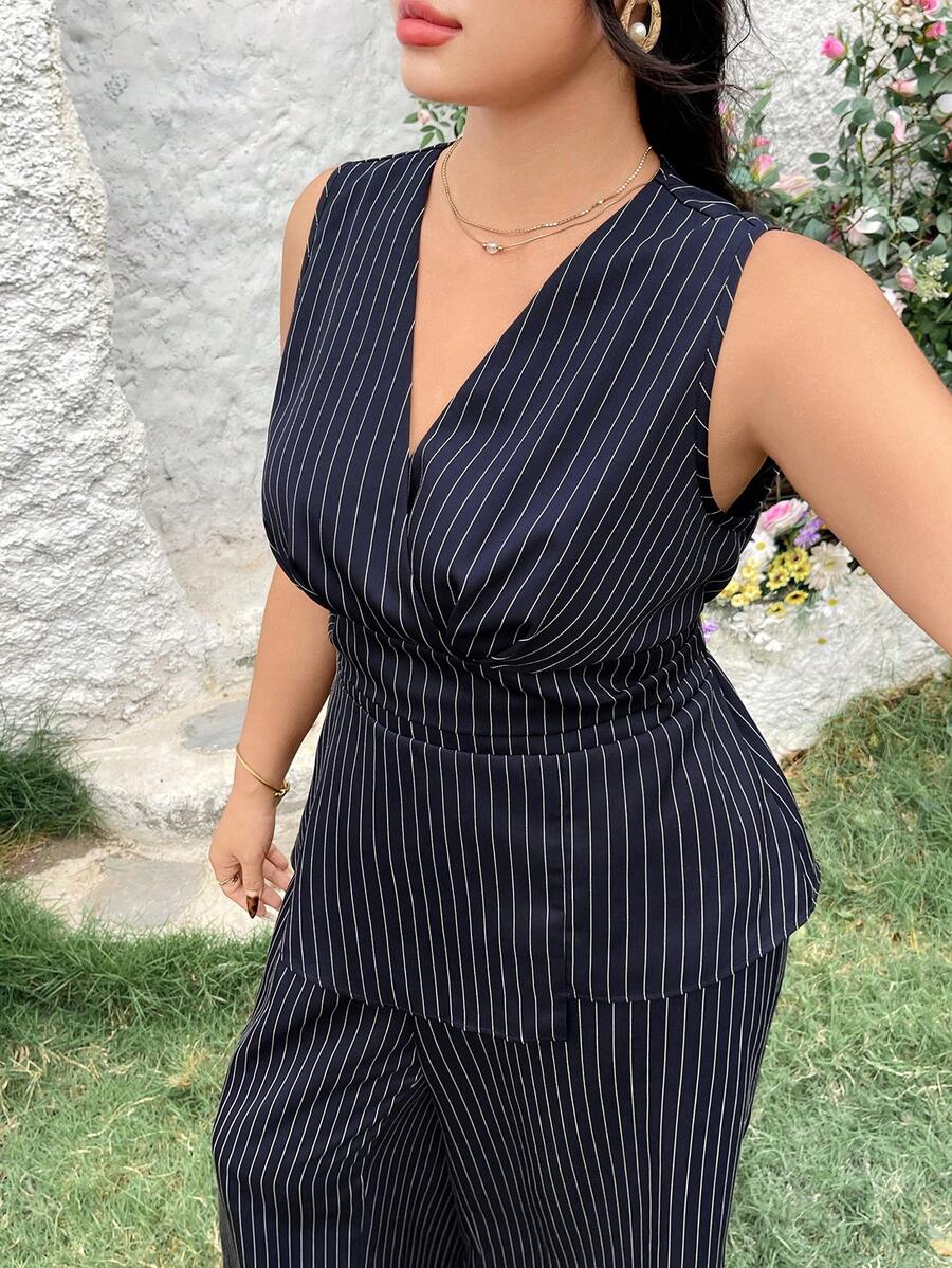 Modelyn Plus Size Women Navy Blue Asymmetric Hem Sleeveless Shirt And Wide Leg Pants Casual Elegant 2 Pieces Set Office Summer - Navy Blue - View 1