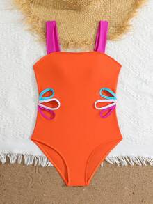 SHEIN Tween Girl Hollow Design Spaghetti Strap One-Piece Swimsuit - Multicolor - View 5
