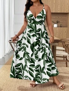 SHEIN PETITE CURVE 新款加大码女式热带印花无袖露肩系带A字宽松休闲度假沙滩旅行时尚性感优雅长裙 - 彩色 - 查看 4