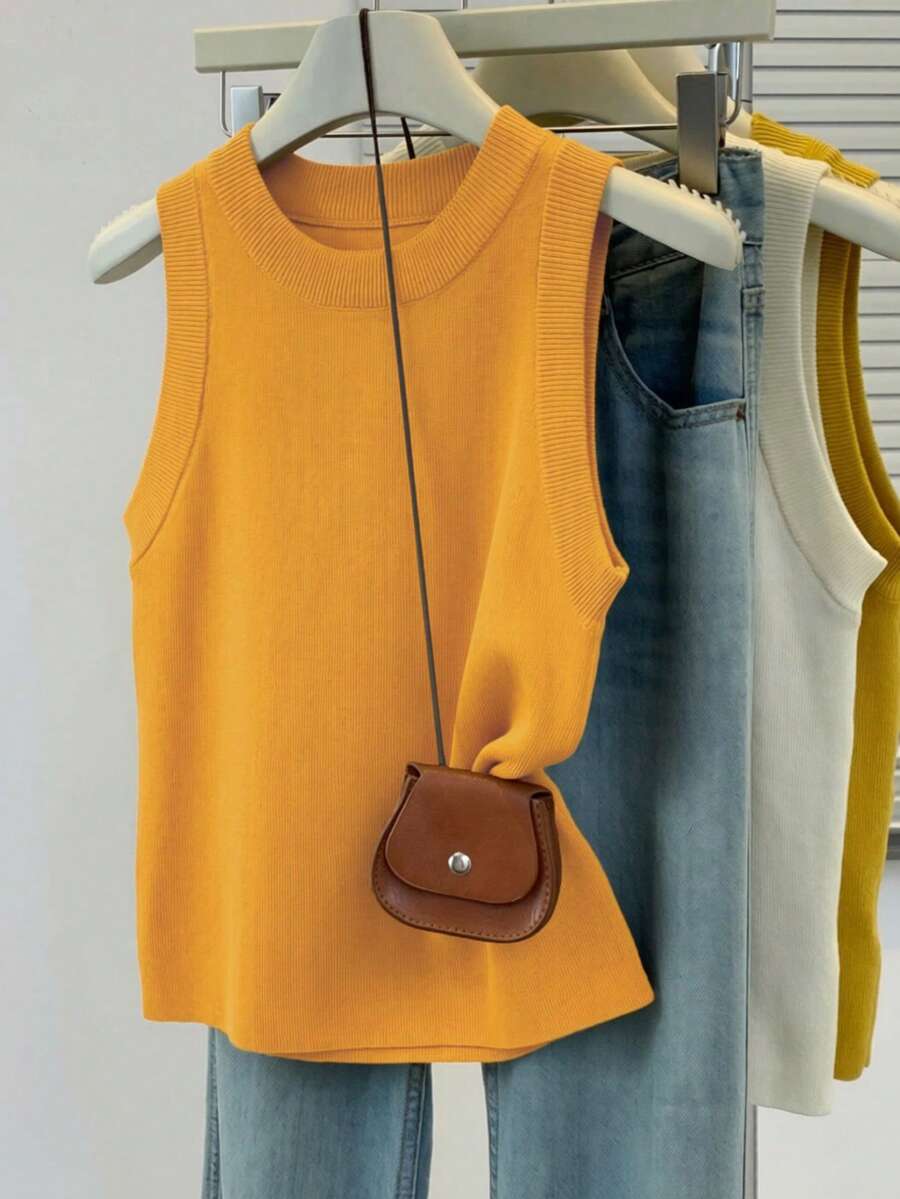 SHEIN 女士纯色圆领休闲百搭日常针织上衣 - 橘色 - 查看 1