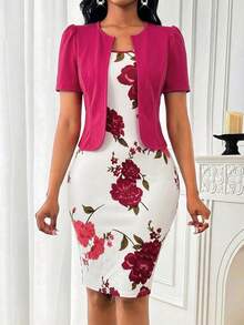 SHEIN Lady 春夏优雅蓝色日常通勤连衣裙，适合女士参加派对、新年、舞会、生日等场合，商务休闲，情人节时尚派对商务女性优雅通勤纯色泡泡袖上衣搭配印花修身无袖连衣裙套装两件套 - 彩色 - 查看 6