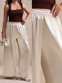 Elegantrix Calça pantalona de cetim com detalhes em pérola, ideal para encontros casuais, festas e para o dia a dia, perfeita para a primavera/verão. - Damasco - Ver 3