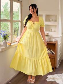 FleurLily Plus Size Women's Square Neck Puff Sleeve Bow Tie Waist Backless Dress, Elegant For Outings And Gatherings - Light Yellow - View 5
