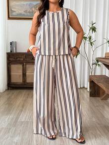 Weeklong Plus Size Women Striped Round Neck Top And Wide Leg Pants Casual 2 Pieces Set - Multicolor - View 1