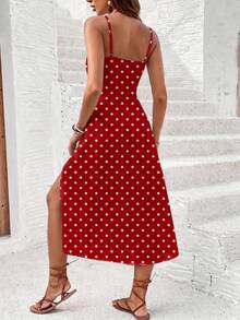SHEIN Frenchy 女士时尚百搭波点印花系带开衩吊带连衣裙 - 紅色 - 查看 2