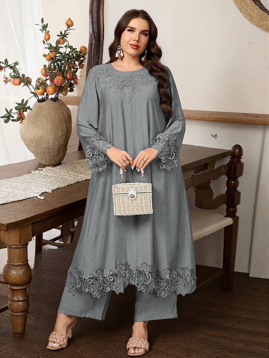 Graceveil Bộ đồ nữ cỡ lớn gồm áo dài tay cổ tròn và quần ống đứng phối ren, kiểu dáng rộng rãi, thoải mái, chất liệu cao cấp. - Xám - Xem 1
