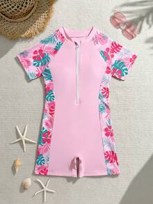 SHEIN Tween Girl One-Piece Shorts Swimsuit,Front Zipper Pink Rash Guard Set With Flower Leaf Pattern,Cute Summer Beach Vacation Holiday Surfing Bathing Suit - Multicolor - View 2