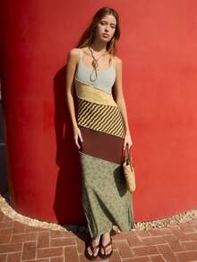 Nöista Vestido maxi con bloques de color y patchwork con tirantes delgados. Verano, otoño, resort, vacaciones, fiesta. - Multicolor - View 4