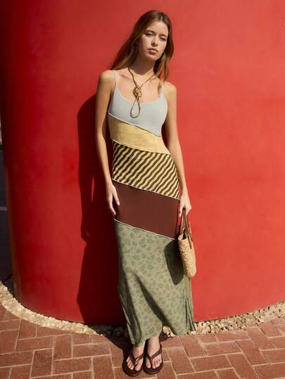 Nöista Colorblock And Spaghetti-Strap Maxi Dress With Mixed Prints In Patchwork Panels , Soft Stretch Fabric Perfect For Vacations, Parties, Date Nights, Brunch, Weekends, Perfect For Summer, Lounging, Music Festival, Boho, Pool Party, Vacations And Holiday Look.