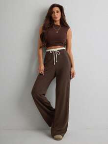 Casual Versatile Contrast Color Drawstring Waist Pants - Brown - View 7