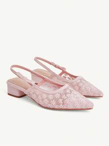 CUCCOO CHICEST Giày nữ mùa xuân hè mới, mũi nhọn, gót thấp, màu hồng, phối ren lưới, nơ, thời trang, thanh lịch, thoáng khí, kiểu dáng nữ tính, gót dày, gót thấp, đế rỗng. - Màu Hồng baby - Xem 5