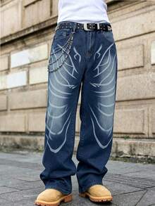 Manfinity EMRG Men's Striped Contrast Color American Street Graphic Print Pocket Jeans - Blue - View 7
