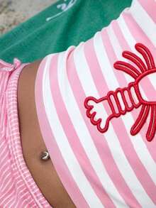 Sundraya Áo kẻ sọc, họa tiết tôm hùm, trang phục nữ, áo nữ, áo tank top thường ngày, xu hướng hiện nay, áo thời trang, áo phong cách Y2K, quần áo Y2K, áo đi biển, phong cách nghỉ mát, áo cổ tương phản. - Nhiều màu - Xem 3