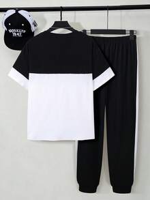 Vacaura 2 pezzi/set Maglietta a girocollo casual e pantaloni sportivi con stampa a blocchi di colore in contrasto per ragazzi adolescenti, tessuto confortevole, vestibilità slim, adatto per più stagioni - Bianco e nero - Visualizzare 2