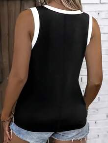 EMERY ROSE Plus Size Women Summer Casual Daily Commute Minimalist V-Neck Contrast Binding Tank Top - Multicolor - View 2