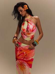 TypaGal Top halter sin espalda con estampado floral y decoración de flores 3D para vacaciones en la playa para mujer - Multicolor - Ver 5