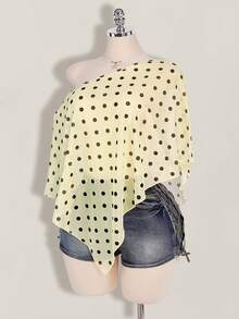 SHEIN ICON Plus Size Women's Black & White Polka Dot Asymmetrical Shoulder Mesh Blouse - Light Yellow - View 3