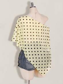 SHEIN ICON Plus Size Women's Black & White Polka Dot Asymmetrical Shoulder Mesh Blouse - Light Yellow - View 5