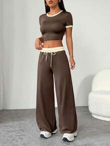 SHEIN PETITE Women's Fashion Versatile Color Block Short Sleeve T-Shirt And Drawstring Waist Pocket Long Pants 2-Piece Set - Coffee Brown - View 7