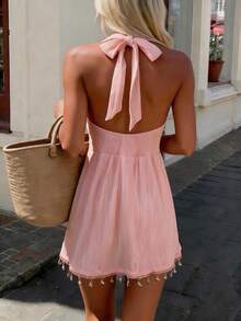 Women's Sleeveless Summer Dress With Halter Neck And Open Back In Solid Color - Pale Pink - View 2