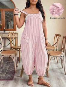 GlowEve CURVE Plus Size Women's Elegant Striped Pocket Jumpsuit With Drawstring, Suitable For Work And Commute, Spring/Summer - Pink - View 5
