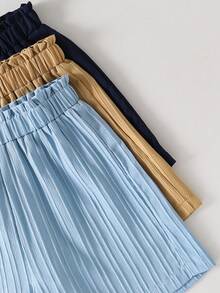 SHEIN Sparklyn Tween Girls' Solid Color Pleated Casual Versatile Daily Wear Shorts - Multicolor - View 4