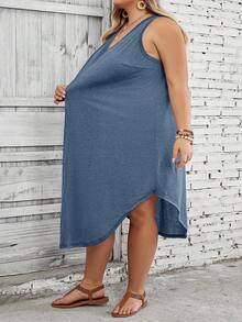 SHEIN CURVE+ Plus Size Women's Solid Color Curved Hem Vest Dress - Dusty Blue - View 8