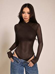 SHEIN PETITE Áo liền thân lưới màu trơn gợi cảm dành cho nữ, áo tay dài xuyên thấu, áo lưới tay dài, áo xuyên thấu màu đen, áo lưới đen, mùa thu, áo liền thân màu đen - màu nâu - Xem 9