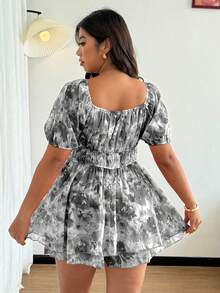 Flirla Plus Size Romantic Girly Style Square Collar Cinched Waist Double-Layer A-Line Jumpsuit - Black - View 2