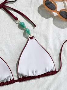 Swim Vcay Áo bikini hai mảnh cổ yếm màu nâu đính đá quý kiểu cổ điển dành cho nữ cỡ lớn, thích hợp cho kỳ nghỉ biển. - Màu Đỏ Sâu - Xem 6