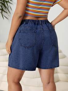 Solflare Plus Size Women Fashion Versatile Pocketed Denim Skirt Shorts - Dark Wash - View 2