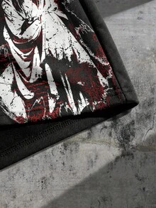 ROMWE MEN Men's Loose Dark Figure Print Shorts - Black - View 3