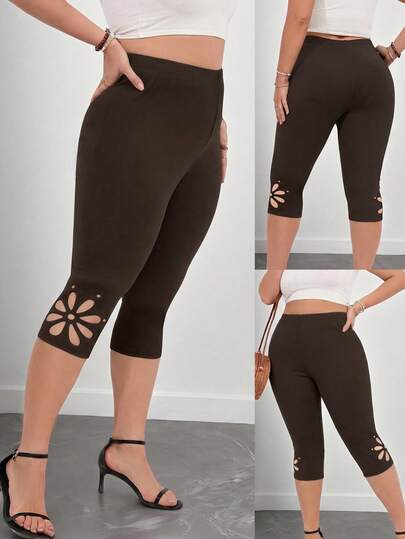 Elenzga Leggings minimalistas de talla grande con diseño hueco de unicolor