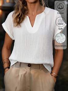 SHEIN Women's 100% Cotton V-Neck Pullover Casual Resort Casual Dress Shirt For Ladies, White Shirt, Summer Ladies Shirt, Fashionable Casual Resort Ladies Shirt, Outerwear, Ladies' Top, White Top,Middle-Aged & Elderly Women's Solid Color V-Neck Casual Versatile Daily Wear Short Sleeve Blouse - White - View 5