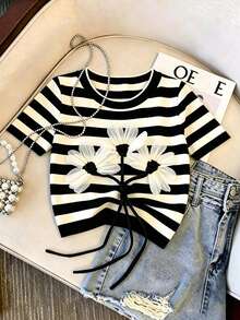 Franclia Women's Casual Floral Decor Striped Round Neck Short Sleeve T-Shirt, Summer - Black and White - View 1