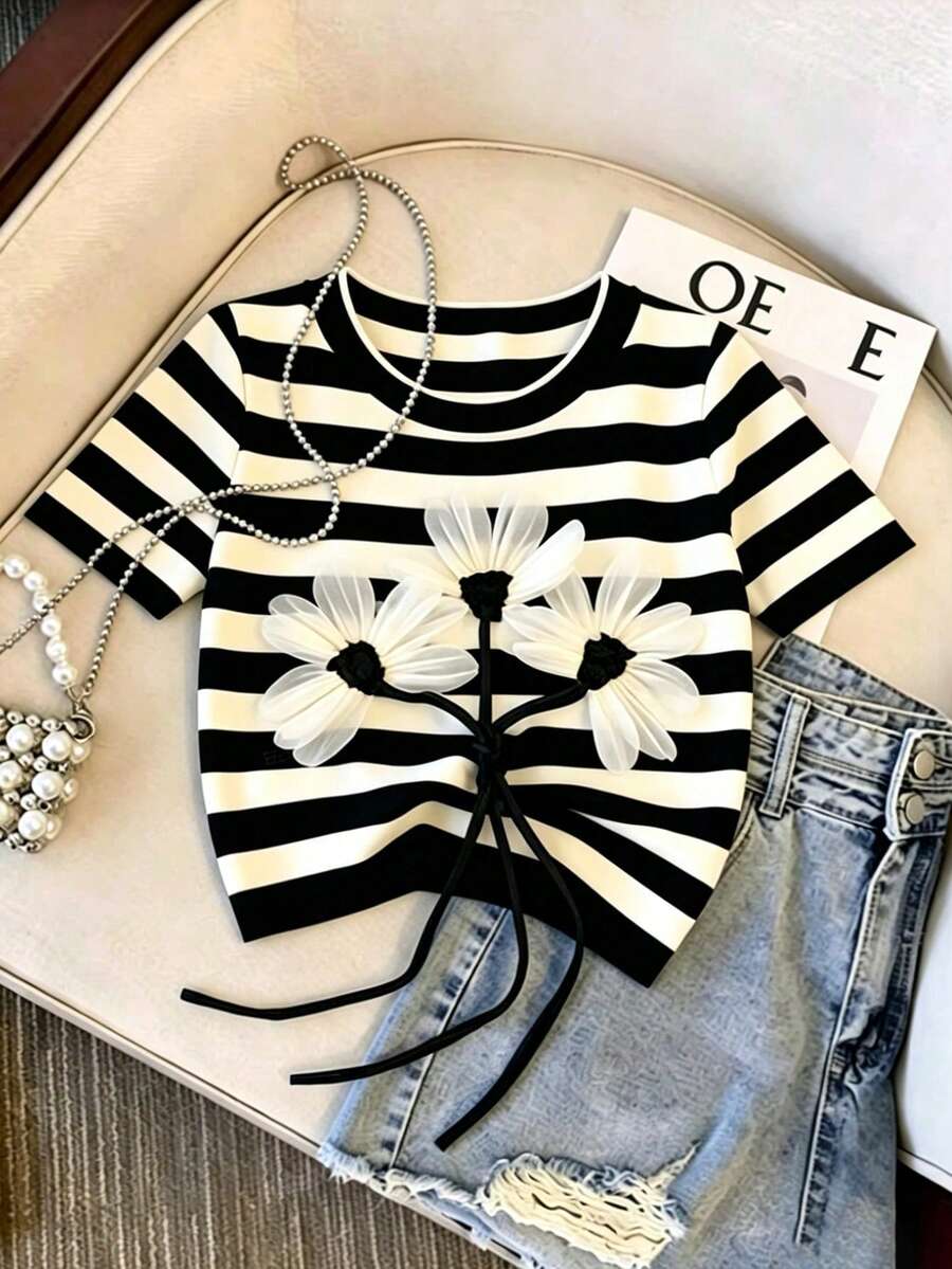 Franclia Women's Casual Floral Decor Striped Round Neck Short Sleeve T-Shirt, Summer - Black and White - View 1