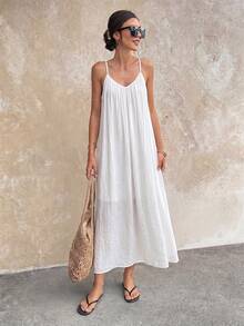 SHEIN Holidaya Women's Backless Pearl Design Spaghetti Strap White Summer Dress, Boho Tropical Holiday Vacation, Elegant Casual Resort Wear Beach Vacation Clothing - White - View 3