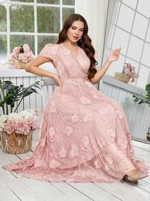 Reflora 大码女士优雅印花连衣裙，夏季婚礼宾客礼服 - 藕粉色 - 查看 14