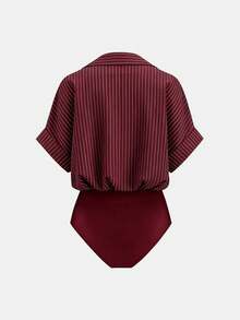 Airaco Áo liền thân nữ thời trang đa năng cài nút, kẻ sọc, có túi, cổ ve áo. - Màu Đỏ Sâu - Xem 2
