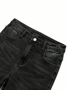 SHEIN 青少年男童时尚休闲蓝色牛仔简约基础款弹力修身牛仔短裤，柔软舒适，适合日常穿着和青少年男童夏季服装 - 黑色 - 查看 5